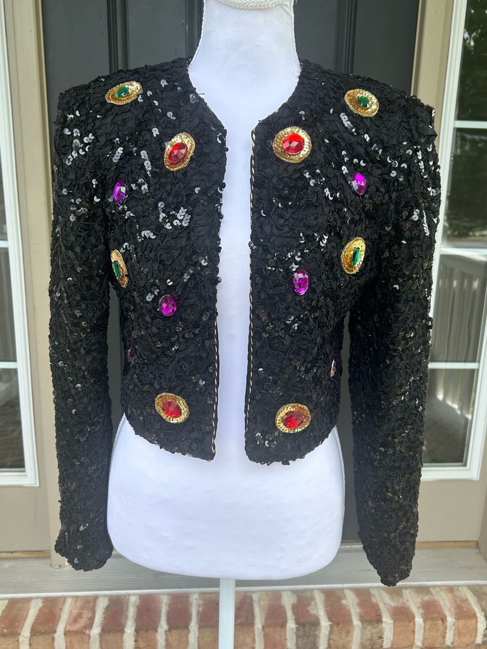 Vintage 80s black sequined beaded gemstone open front bolero maximalist jacket S